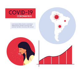 Woman and south america map with covid 19 virus vector design