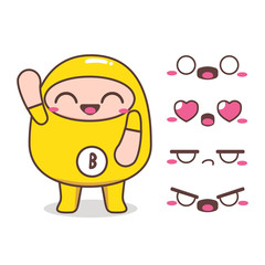 Cartoon flat cute Yellow B Blood Group character expression set
