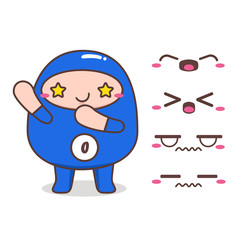 Cartoon flat cute Blue O Blood Group character expression set