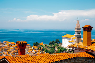 St. George's Parish Church and old town and Adriatic sea panorama view in Piran, Slovenia