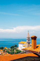 St. George's Parish Church and old town and Adriatic sea panorama view in Piran, Slovenia