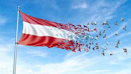Austria flag on a pole turn to birds while waving against a blue sky background - 3D illustration.