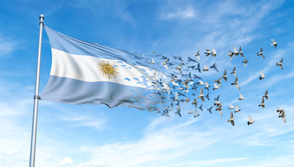 Argentina flag on a pole turn to birds while waving against a blue sky background - 3D illustration.