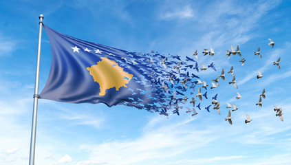 Kosovo flag on a pole turn to birds while waving against a blue sky background - 3D illustration.