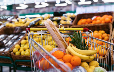 Grocery cart with healthy eco products (fruits, vegetables, baguette) in a supermarket against the background of the counter. Food shopping concept
