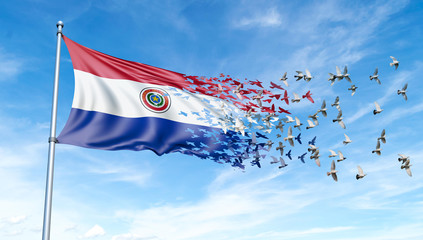 Paraguay flag on a pole turn to birds while waving against a blue sky background - 3D illustration.