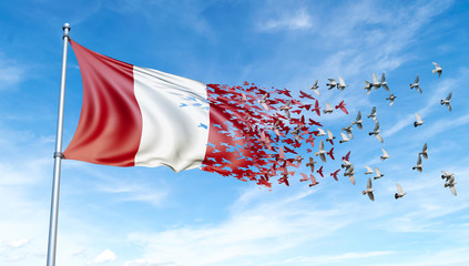 Peru flag on a pole turn to birds while waving against a blue sky background - 3D illustration.
