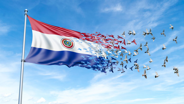 Paraguay flag on a pole turn to birds while waving against a blue sky background - 3D illustration.