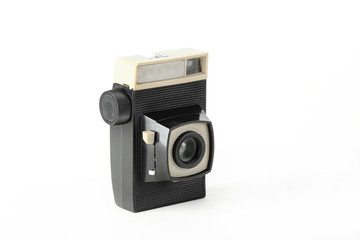 The old vintage medium format film camera on white background. Rare vintage camera.