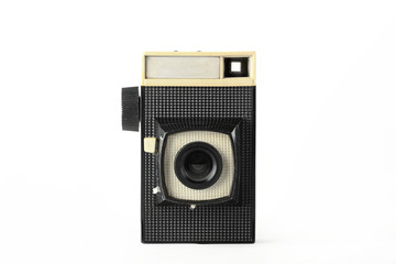 The old vintage medium format film camera on white background. Rare vintage camera.