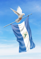 Nicaragua flag on a pole is carried by a bird while flying against a blue sky background - 3D illustration.