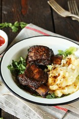 braised short ribs with mashed potatoes. Instant Pot meat . copy space