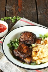 braised short ribs with mashed potatoes. Instant Pot meat . copy space