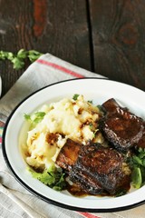braised short ribs with mashed potatoes. Instant Pot meat . copy space