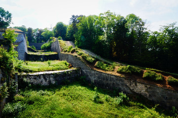 Fototapeta na wymiar Citadel of Namur, interior area where the fortress was hit with bombs and canons, Wallonia. Taken in the Spring. Belgium in a sunny day.
