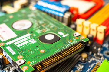 Obraz premium E-waste electronic, computer circuit cpu chip mainboard core processor electronics device : concept of data, hardware, technician and technology.