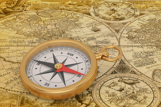Gold compass on old map background. 3D illustration.