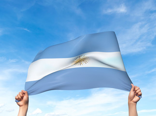 Two hands are holding a Argentina flag - flowing through the wind. 3D Illustration.