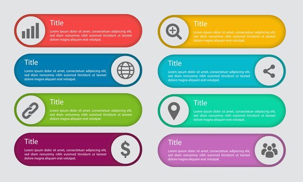 Vector Infographic Of Long Oval And Circle Label. 8 Set Infographic Option For Business Processes