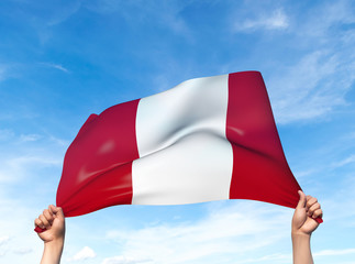 Two hands are holding a Peru flag - flowing through the wind. 3D Illustration.