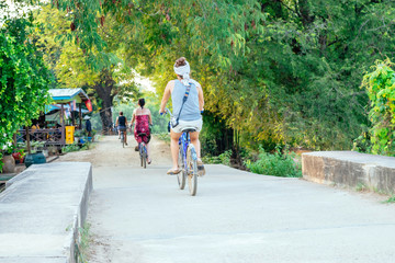 A group of tourists on bicycles, the new way of traveling safely due to the pandemic