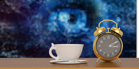 Obraz na płótnie Canvas Alarm clock with coffee cup isolated on white background. 3D illustration.