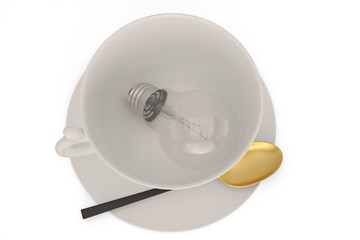 Light bulb with coffee cup isolated on white background. 3D illustration.