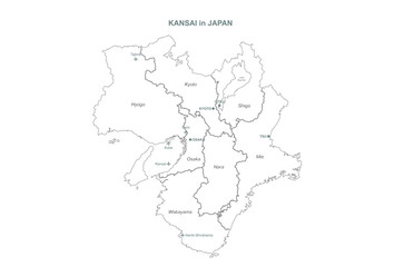 kansai map. japan regions map series. vector map of japan provinces.
