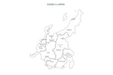chubu map. japan regions map series. vector map of japan provinces.