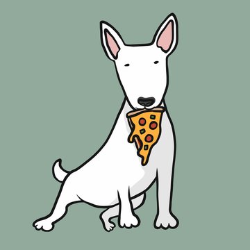 Bull Terrier dog eating pizza cartoon vector illustration
