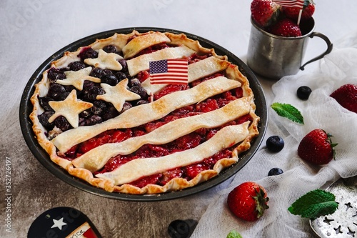 Homemade American Flag Pie / 4th of july Patriotic Food concept
