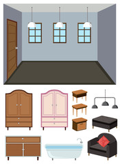 Set of many furniture and background scene of empty room