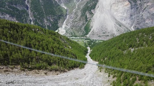 Drone view of the Charles Kuonen Bridge (longest pedestrian suspension bridge in the world) in Valais in Switzerland