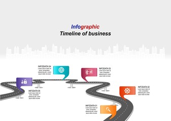 Vector template infographic Timeline of business operations with flags and placeholders on curved roads. Symbols, steps for successful business planning Suitable for advertising and presentations.