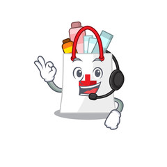 A stunning drug shopping bag mascot character concept wearing headphone