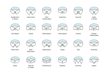 Vector line icon set of men's shirt collar styles, editable strokes. Illustration for style guide of formal male dress code for menswear store. Different collar models: tuxedo, spread, button down. - obrazy, fototapety, plakaty