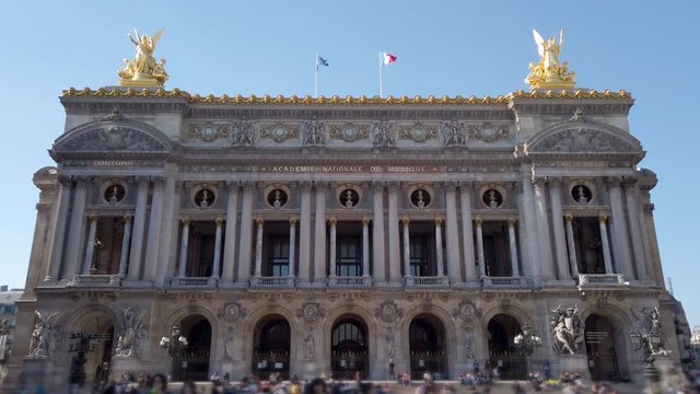 Facade of Opera or Palace Garnier in Paris, France. Lockdown shot