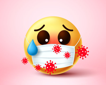 Emoji smiley infected of covid-19 coronavirus. Emoji smiley wearing face mask infected and exposed in 2019-ncov coronavirus outbreak. Vector illustration.
