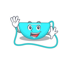 A charming sling bag mascot design style smiling and waving hand
