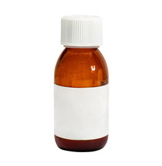 Glass bottle with medicine. White label. Isolated on white.