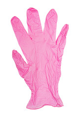 Pink surgical glove for COVID-19 coronavirus precautions.  Isolated on white background.