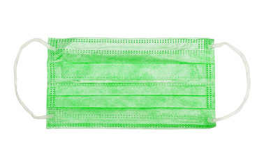 Surgical or medical green mask with rubber ear straps. Doctor mask and coronavirus protection isolated on a white background