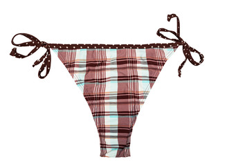 Swimsuit isolated. Close-up of a elegant female sexy brown blue checkered bikini bottoms or panties...