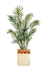 watercolor hand drawn illustration of areca parlor palm plant on white isolated background. Interior design nature lovers flower houseplant in brown beige clay terra cotta pot. Urban tropical jungle.
