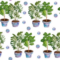 Watercolor seamless hand drawn pattern potted indoor flowerswith polka dot background. Monstera fiddle leaf tree ficus. Green foliage grey pink soft pastel violet pots interior design urban jungle