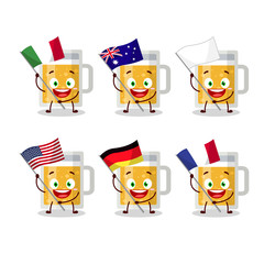 Mug of beer cartoon character bring the flags of various countries