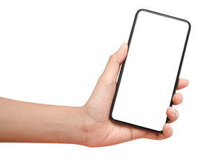 Hand holding phone isolated on white background with clipping path.
