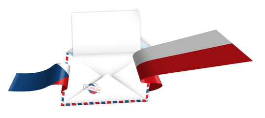 Concept, an open envelope with a blank sheet of paper wrapped in a shiny festive ribbon with elements of Czech Republic flag. Congratulatory template, information layout