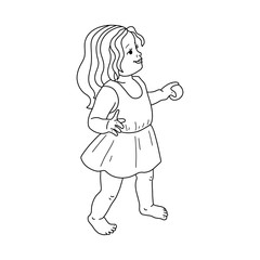 Silhouette of a little girl on a white background. Coloring of contour baby stickers. For preschool, kindergarten, children and adults. Monochrome vector illustration.