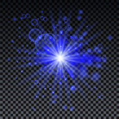 Blue burst on transparent background with sparkles and bokeh. Blue star glow effect. Magic burst for cads, invitations, poster and web. Futuristic vector design.